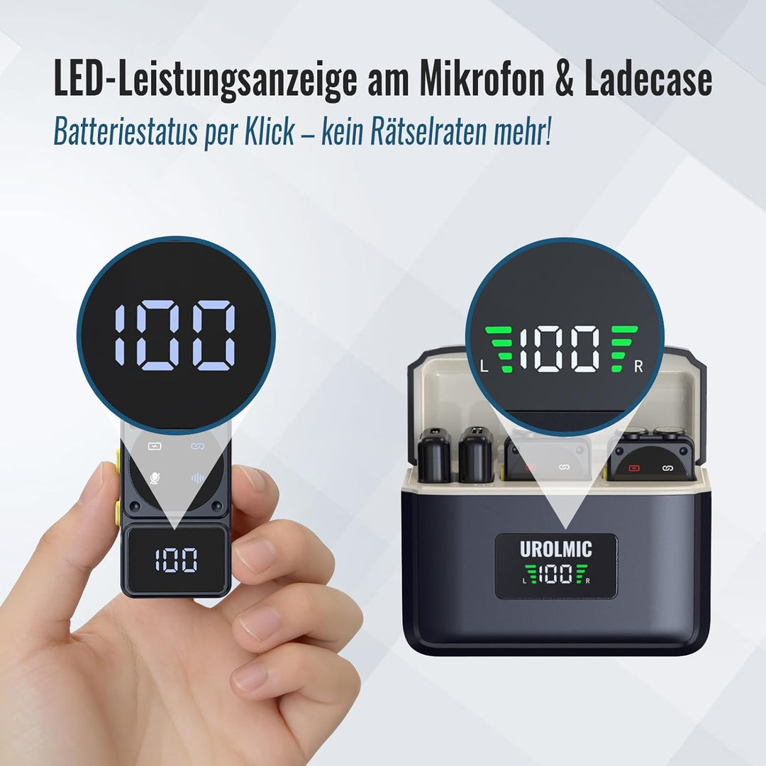 UROLMIC Kabelloses Lavalier Mikrofon mit Digitalem Display & Ladecase, 45H Batterie, 50m Reichweite,
