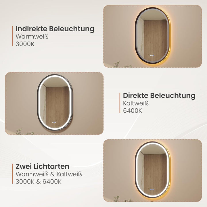 AQUABATOS Badspiegel mit Beleuchtung Oval schwarz quer senkrecht 60 x 90 cm Aluminiumrahmen Schrägde