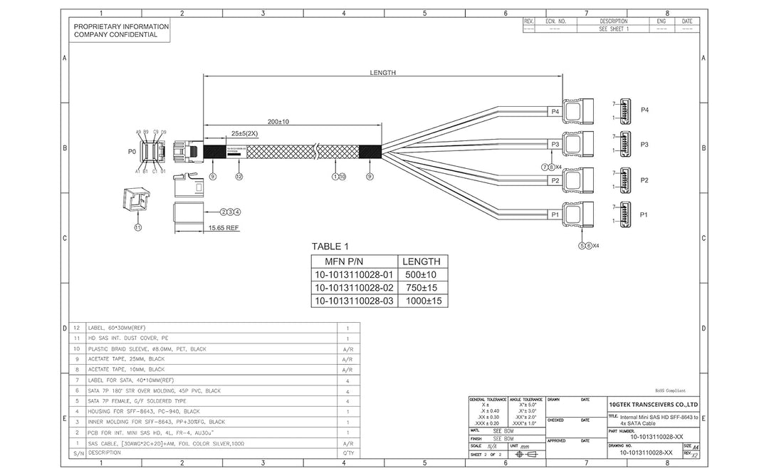 10Gtek SFF-8643(Host) zu 4x Sata(Target) 0.5-Meter(1.65-ft), 6G Internal Mini SAS HD to SATA 7pin Ha
