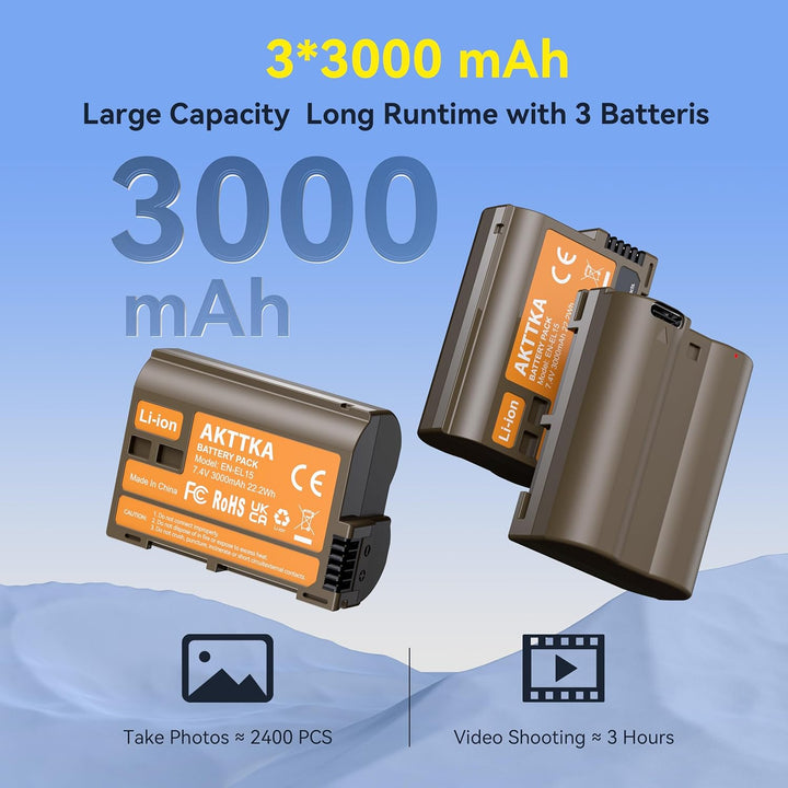 EN-EL15C Akkus 3000mAh (3er-Pack) mit direkter USB-C-Aufladung – Kompatibel mit Nikon EN-EL15/EL15C,