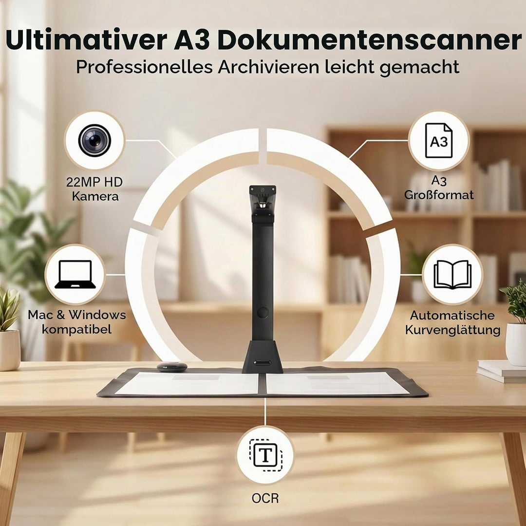 Dokumentenscanner A3 Scanner 22MP: OCR für 130 Sprachen USB Dokumentenkamera mit 4 LED für Schule Bü
