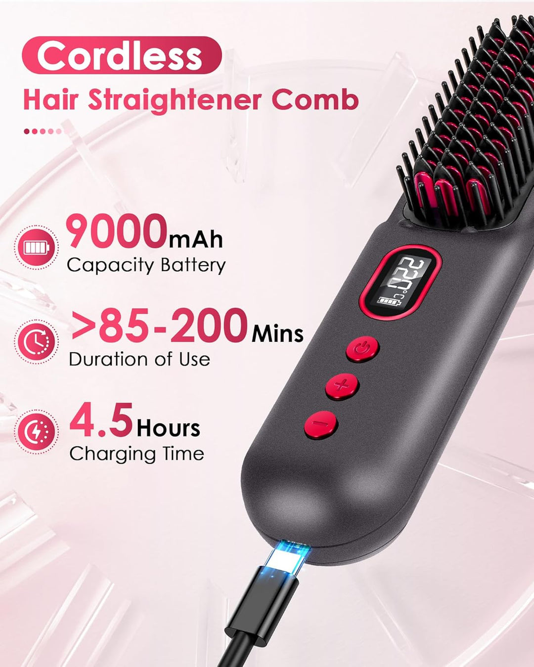 LAMA Kabellose Glättbürste Mini Glätteisen 9000mAh Ionen Haarglätter Bürste, Tragbare Stylingbürste