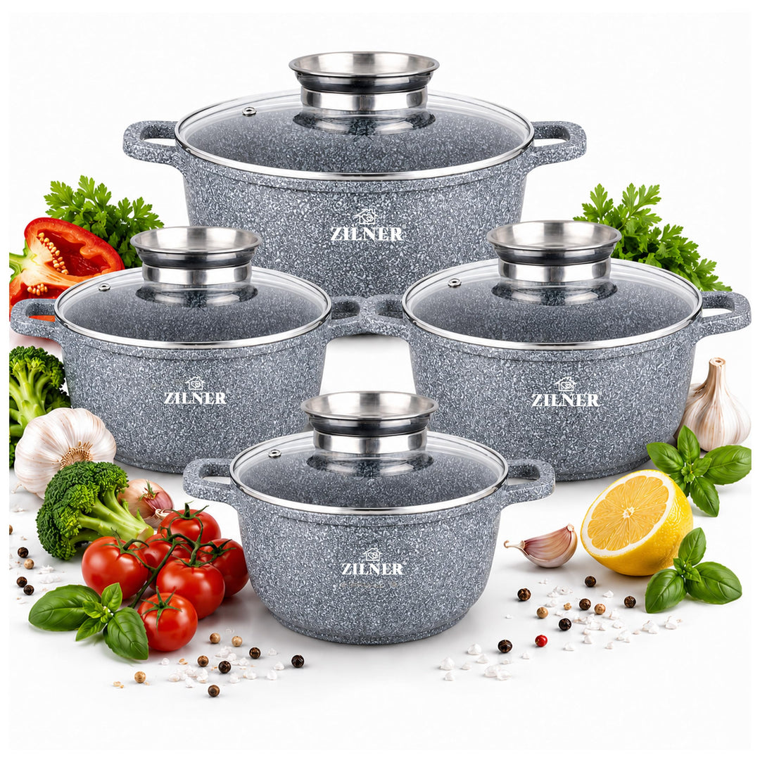 Topfset 8-teilig Induktion | Marmorbeschichtung Kochtöpfe Set mit Glasdeckeln | Antihaft Kochgeschir