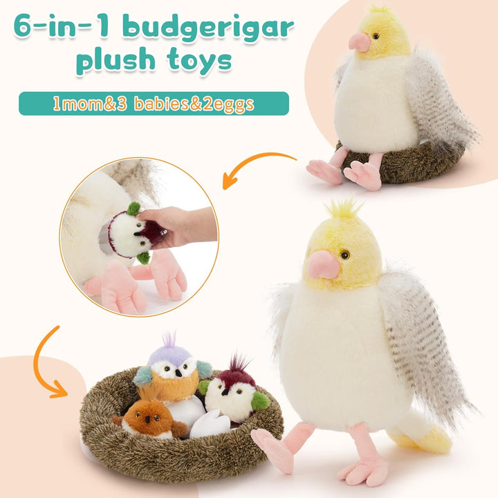 MorisMos weich Vogel Papagei Kuscheltier XXL mit 3 Babys, 35cm gross Vögel Papageien Plüschtier Stof