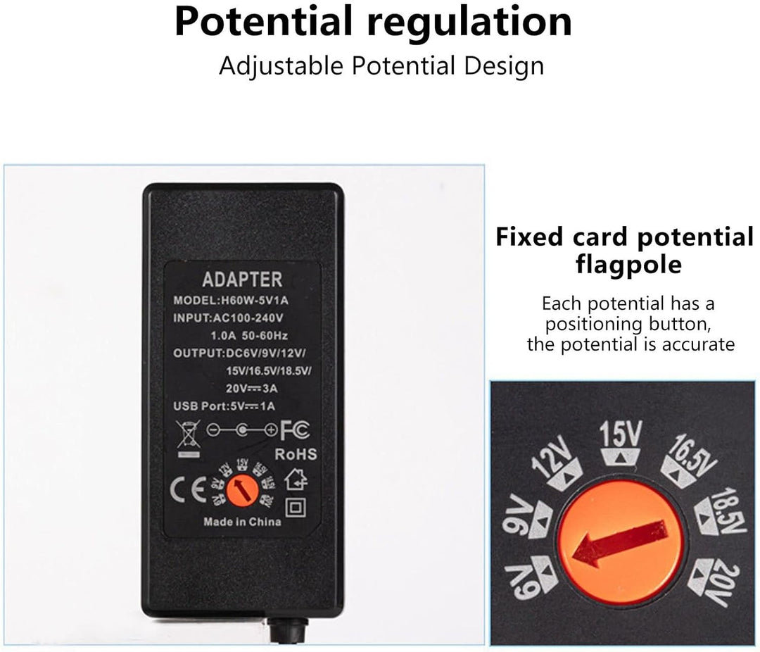 Bewinner 65W 3A Universal AC DC Adapter 6V/9V/12V/15V/16.5V/18.5V/20V USB Power Adapter Tragbarer Un