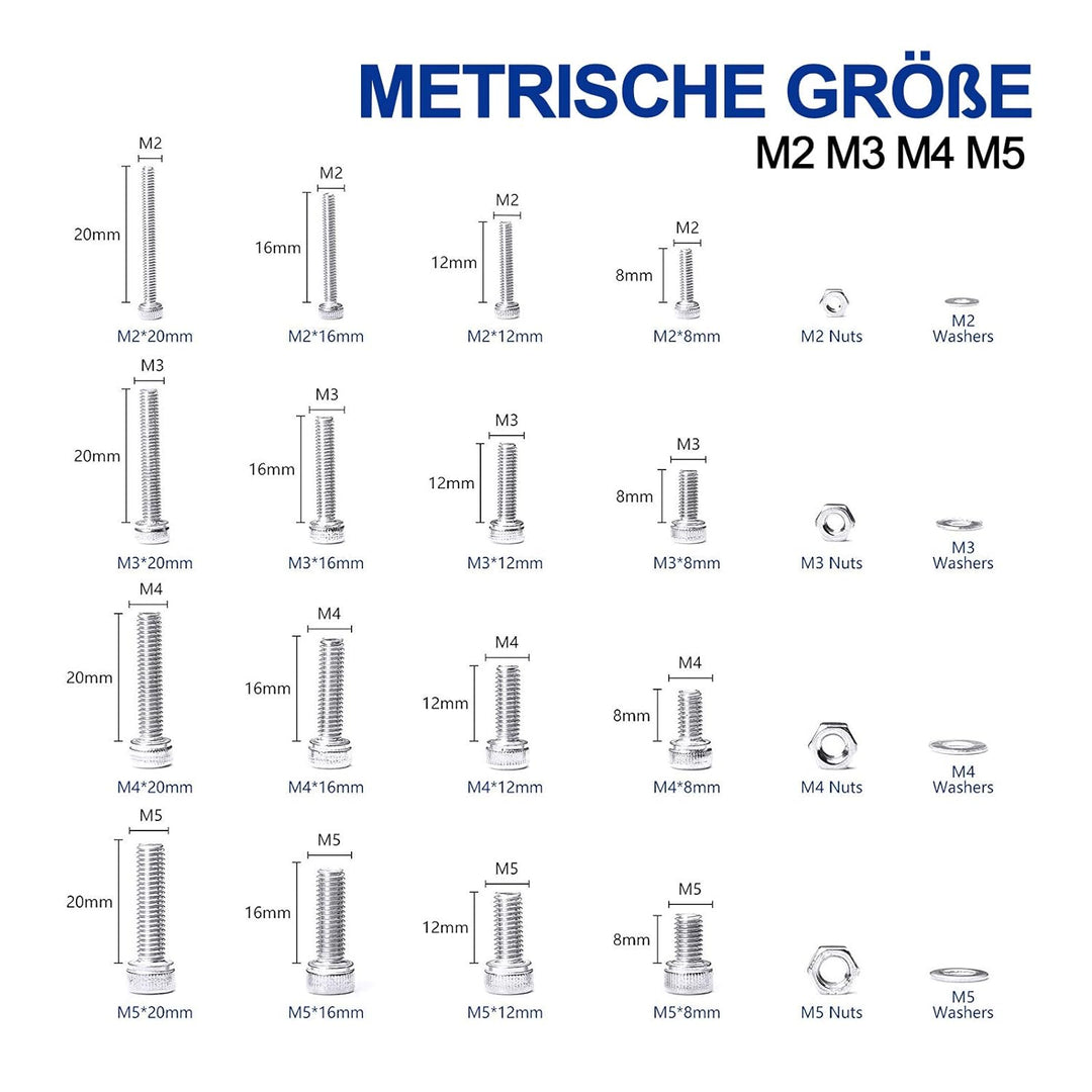 880Pcs M2 M3 M4 Edelstahl-Sechskopf-Knopf Schrauben Schrauben Muttern und Unterlegscheiben Sortiment
