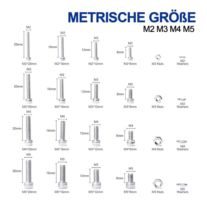 880Pcs M2 M3 M4 Edelstahl-Sechskopf-Knopf Schrauben Schrauben Muttern und Unterlegscheiben Sortiment