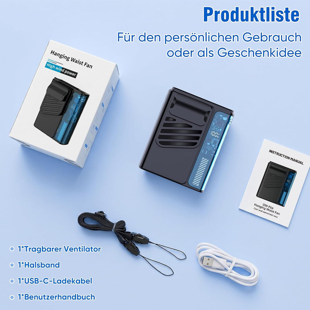 Tragbarer Taillen Clip Ventilator - 4000mAH Schwarz Aufladbar, 10000RPM, Tshirt Ventilator mit LED-D