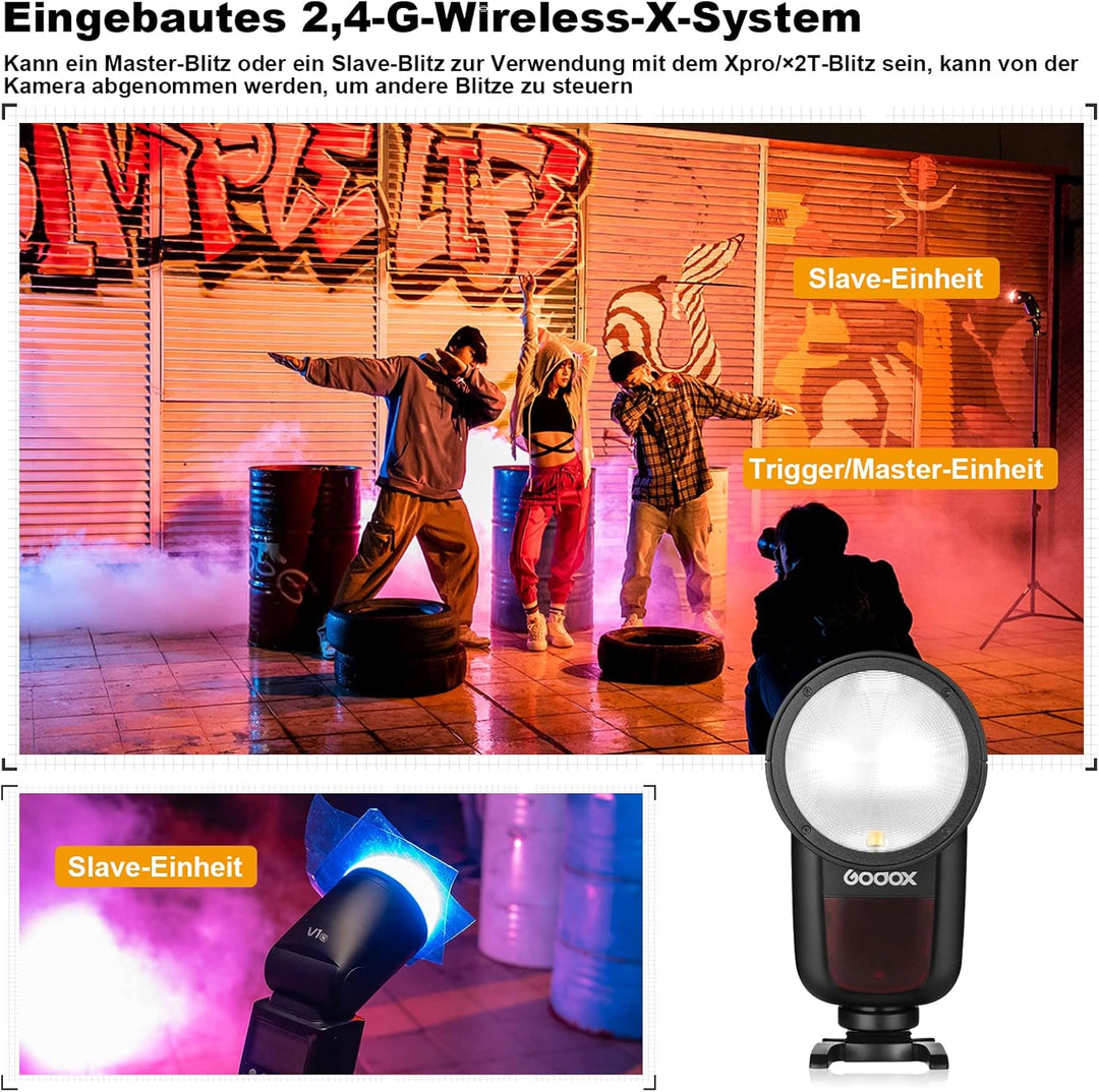 GODOX V1-S TTL Rundkopf Kamerablitz Kit,Rundblitz 2,4G 1/8000 HSS Speedlite 76W mit 2*VB26A Akku und