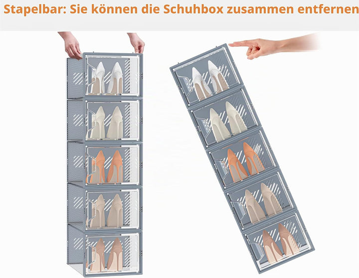 Schuhboxen Stapelbar Transparent, 12er Pack Schuhkarton mit Deckel, Schuhaufbewahrung für Stöckelsch
