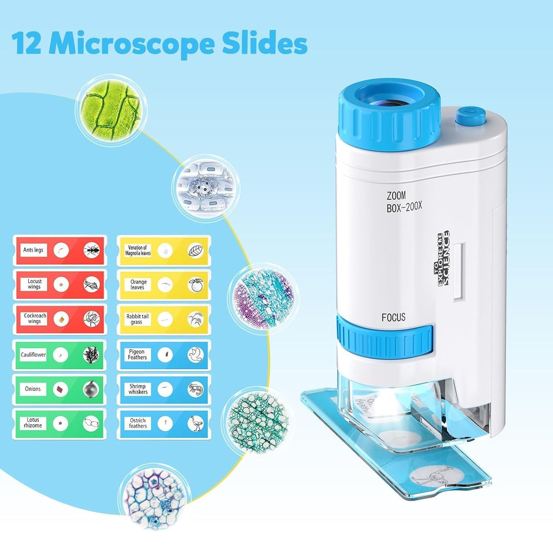 80x-200x Taschenmikroskop Kinder, LED Mikroskop für Kinder mit 12 Objektträgern LED-Licht Microscope