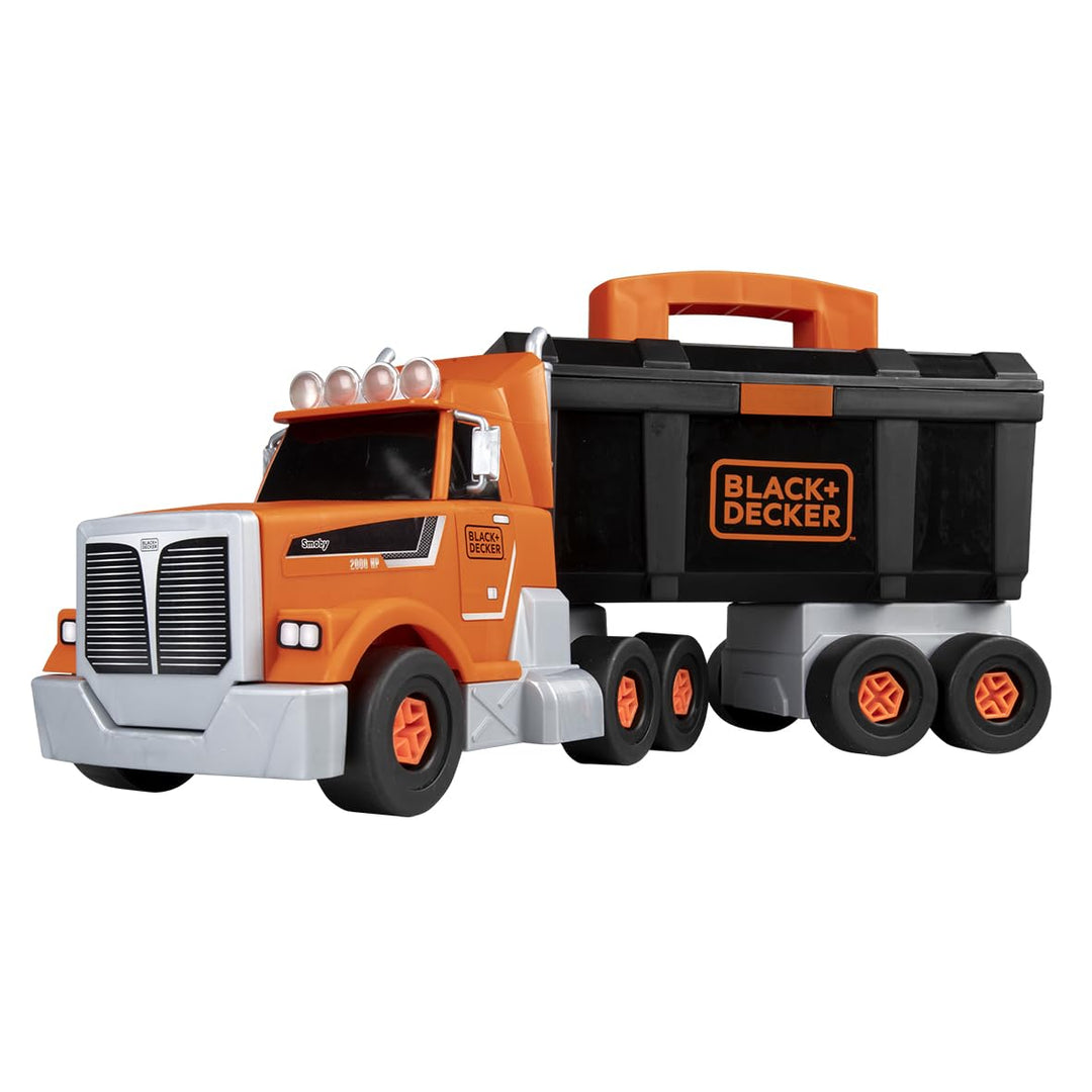 Smoby - Black+Decker Truck mit Werkzeugbox – Konstruktionsfahrzeug mit 60 Zubehörteilen – Werkzeug,