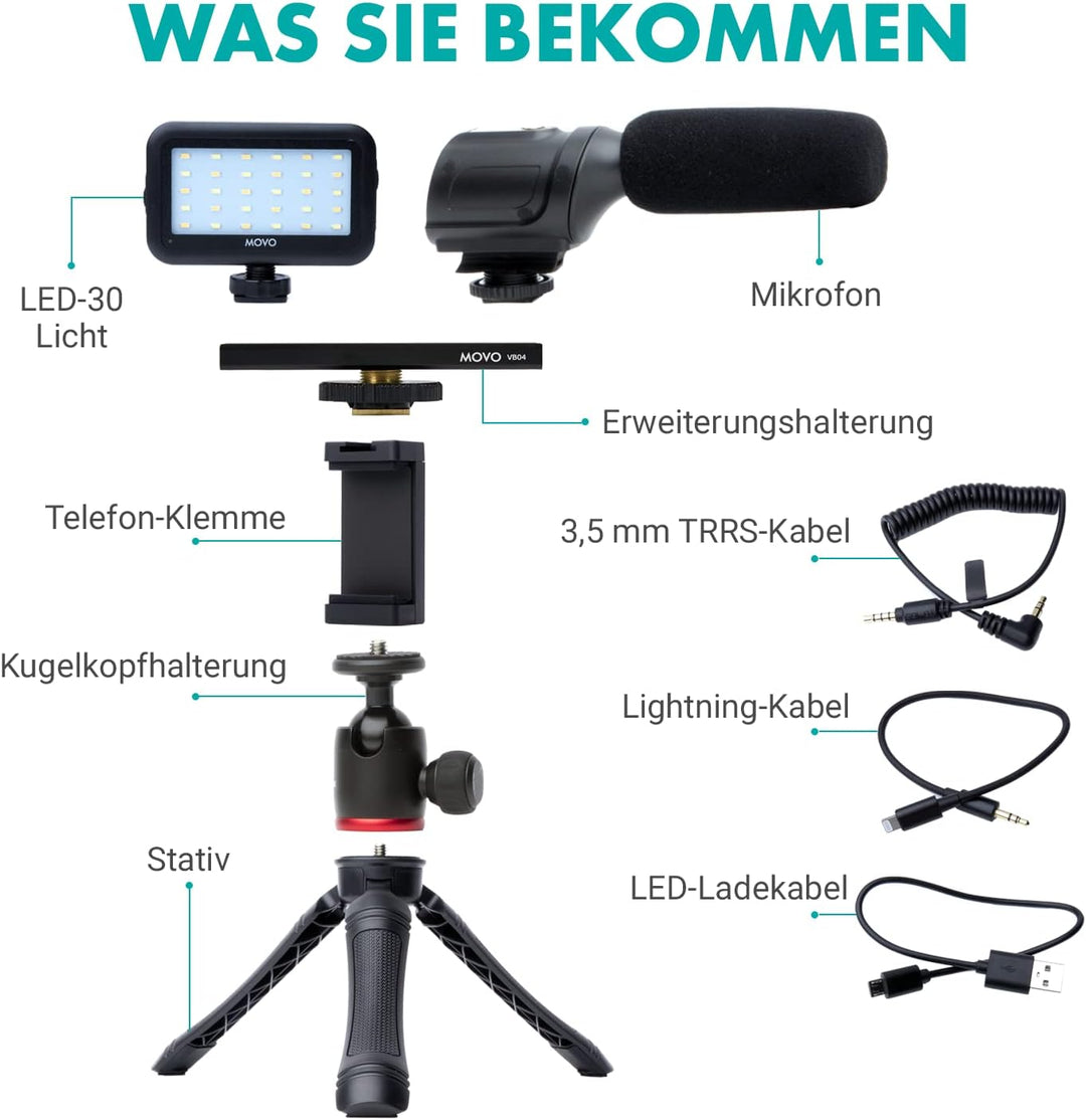Movo iVlogger Vlogging-Kit für das iPhone - Lightning-kompatibles Video Vlogging Set - Zubehör: Hand