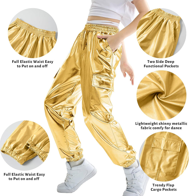 Rolanko Cargo Hosen für Mädchen, Metallische Tanz Hip Hop Hosen für Kinder Mit Elastischem Bund, Ret