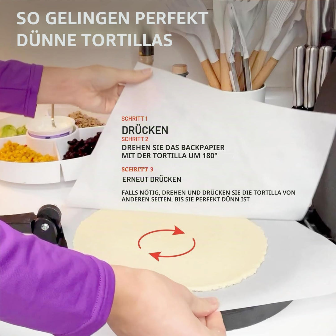 Uno Casa Tortilla Presse 25 cm aus Gusseisen – Taco Presse und Roti Maker - Plus 100 Blatt Backpapie