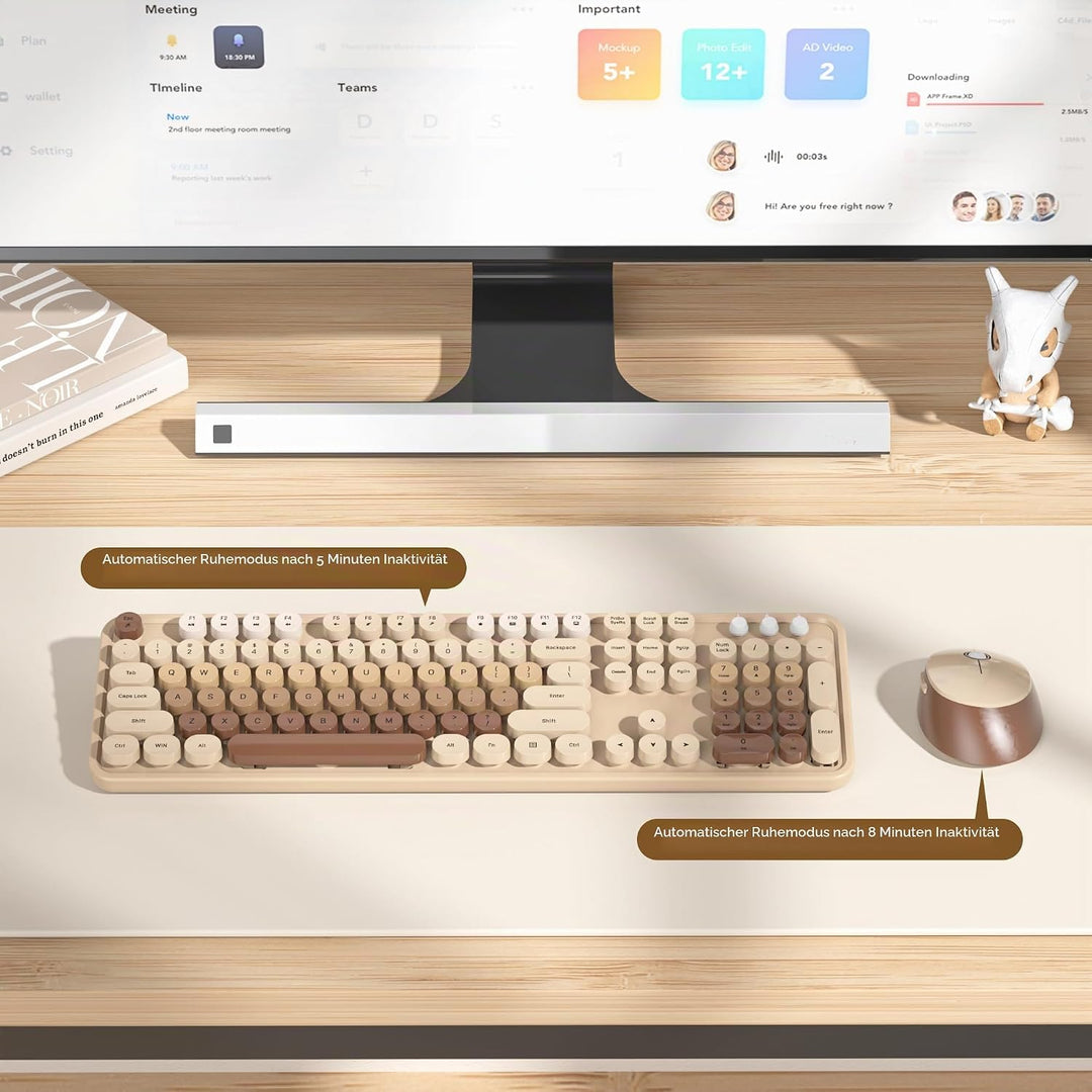 SOLIDEE kabellose Tastatur- und Maus-Kombination,Retro-Schreibmaschinen-Tastatur,2.4GHz runde Tasten