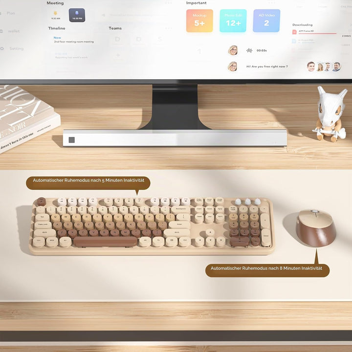 SOLIDEE kabellose Tastatur- und Maus-Kombination,Retro-Schreibmaschinen-Tastatur,2.4GHz runde Tasten