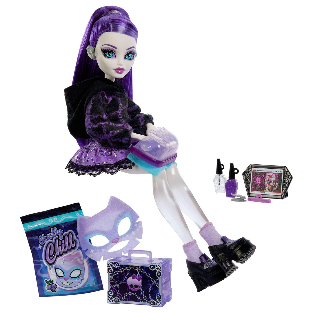 Monster High Self-Scare Secrets Spectra Vondergeist-Puppe und Zubehörset mit 13 realistischen Überra