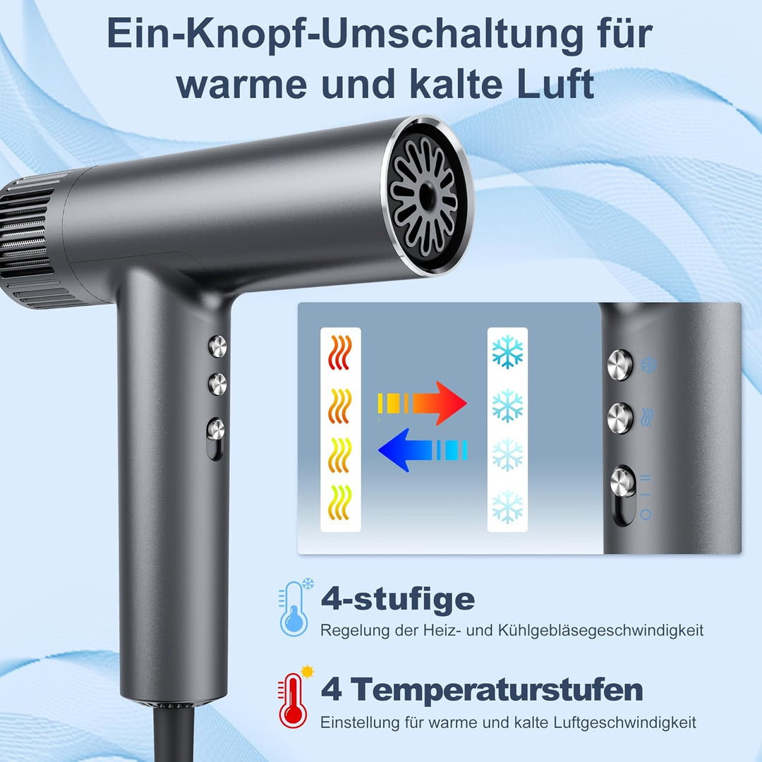 OYLCDI Haartrockner mit bürstenloser Motor Föhn|Fön mit Diffusor,Stylingdüse|300 Mio.Negative Ionen|