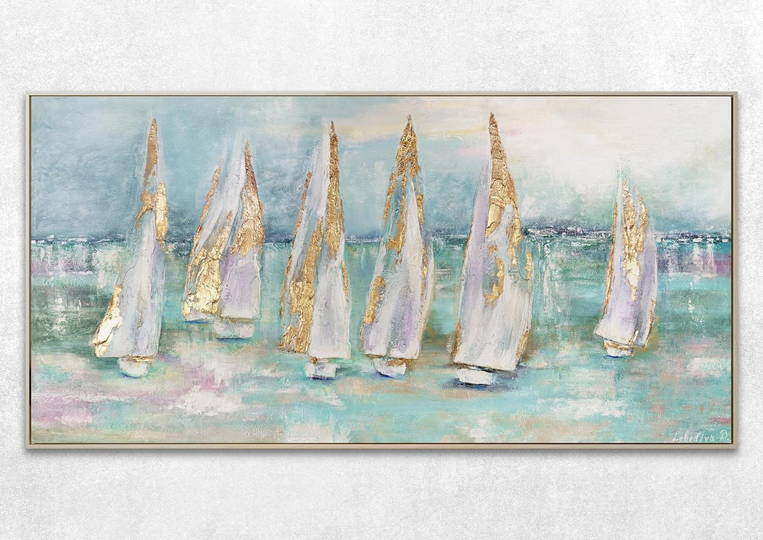 YS-Art Abstrakt Acryl Gemälde auf Leinwand handgemalt Segelboote Wandbilder Wohnzimmer Moderne Blaue