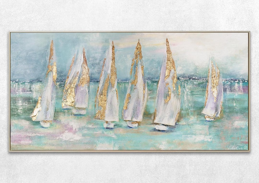 YS-Art Abstrakt Acryl Gemälde auf Leinwand handgemalt Segelboote Wandbilder Wohnzimmer Moderne Blaue