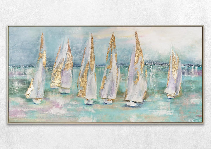 YS-Art Abstrakt Acryl Gemälde auf Leinwand handgemalt Segelboote Wandbilder Wohnzimmer Moderne Blaue