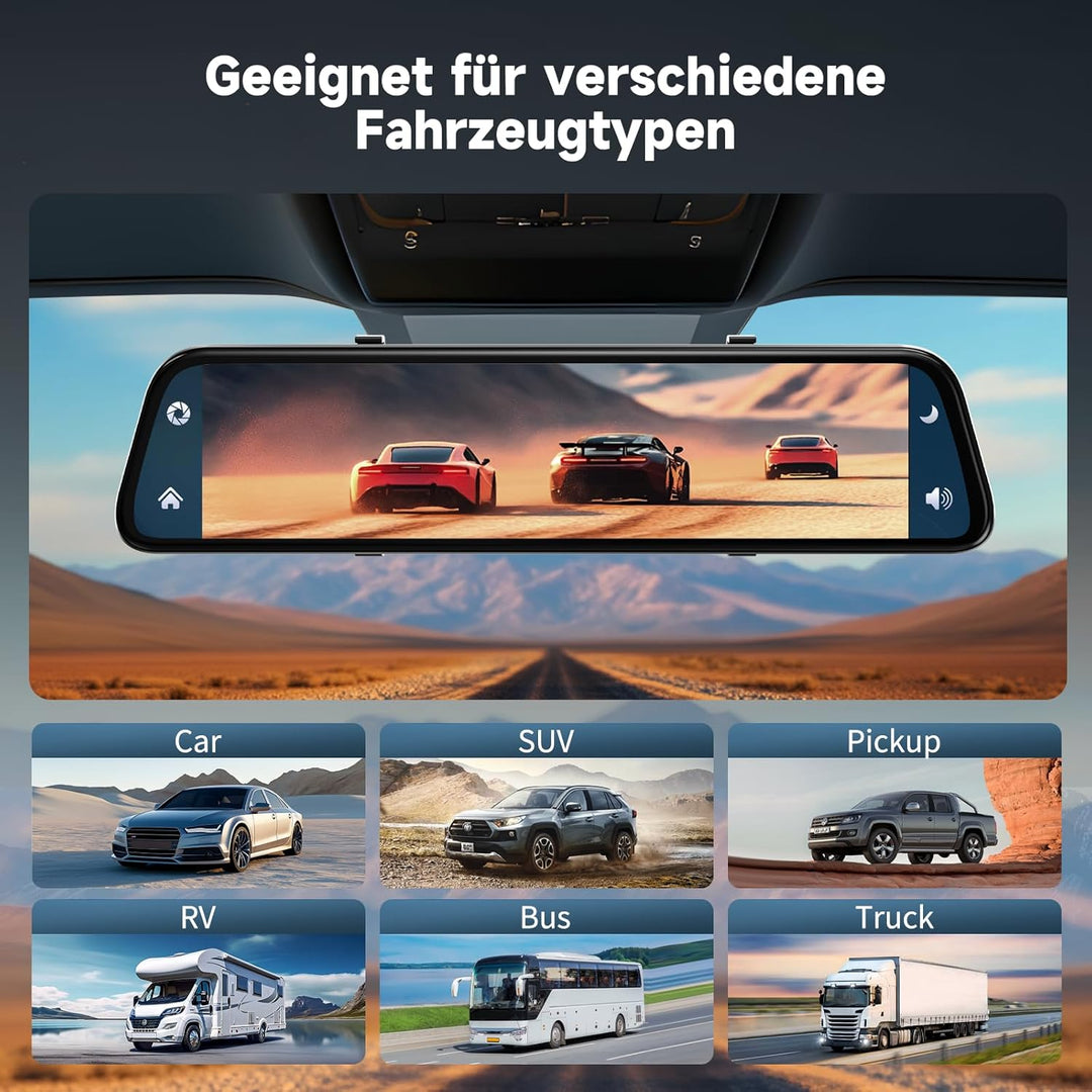 2026 Neuestes 12,5 Zoll 4K Rückfahrkamera Spiegel mit Wireless CarPlay Android Auto, Dashcam Auto Sp
