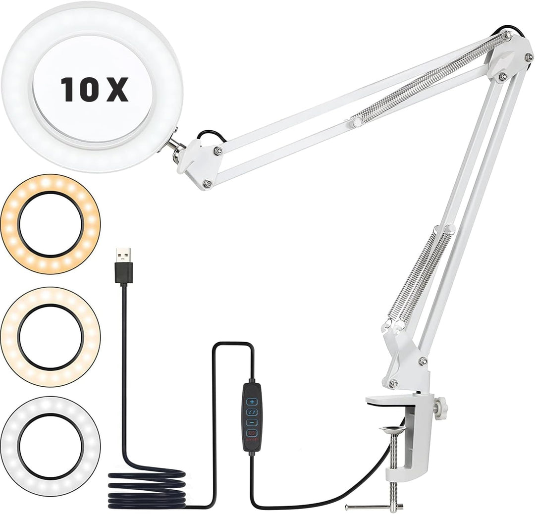 10X Lupe mit Licht und Ständer, Lupenleuchte mit 72 LEDs, 3 Farbmodi Dimmbare&10 Helligkeitsstufen,