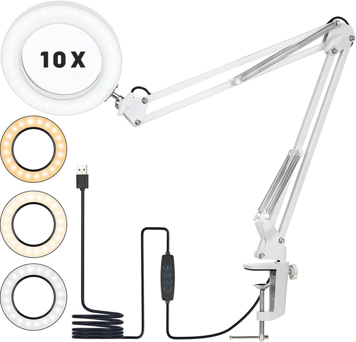 10X Lupe mit Licht und Ständer, Lupenleuchte mit 72 LEDs, 3 Farbmodi Dimmbare&10 Helligkeitsstufen,