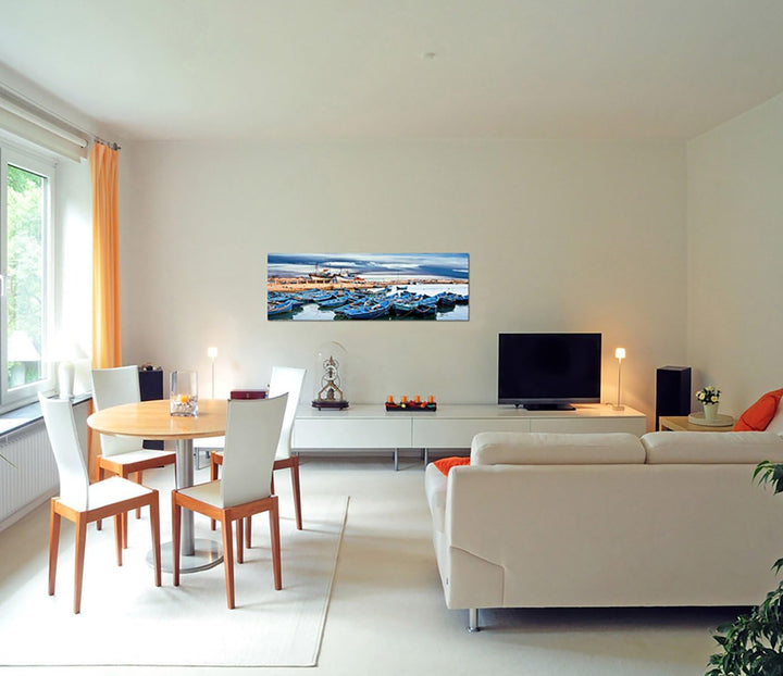 Paul Sinus Art Panoramabild auf Leinwand und Keilrahmen 150x50cm Marokko Meer Hafen Boote Wolkenhimm