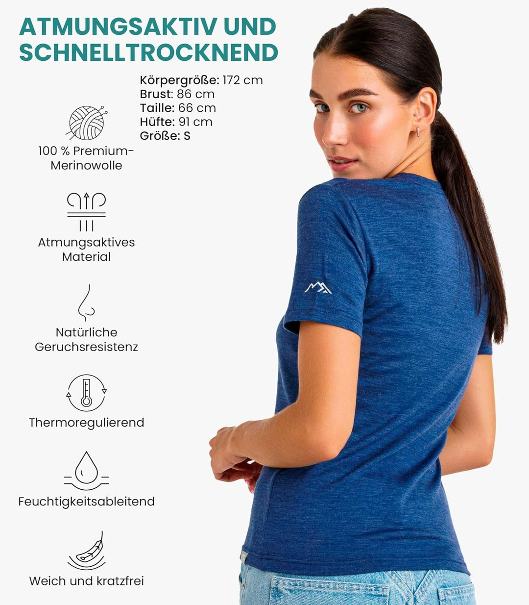 Merino.tech 100% Merino T Shirt Damen - Merinowolle Sport Wandern Thermoshirt Damen + Wandersocken W