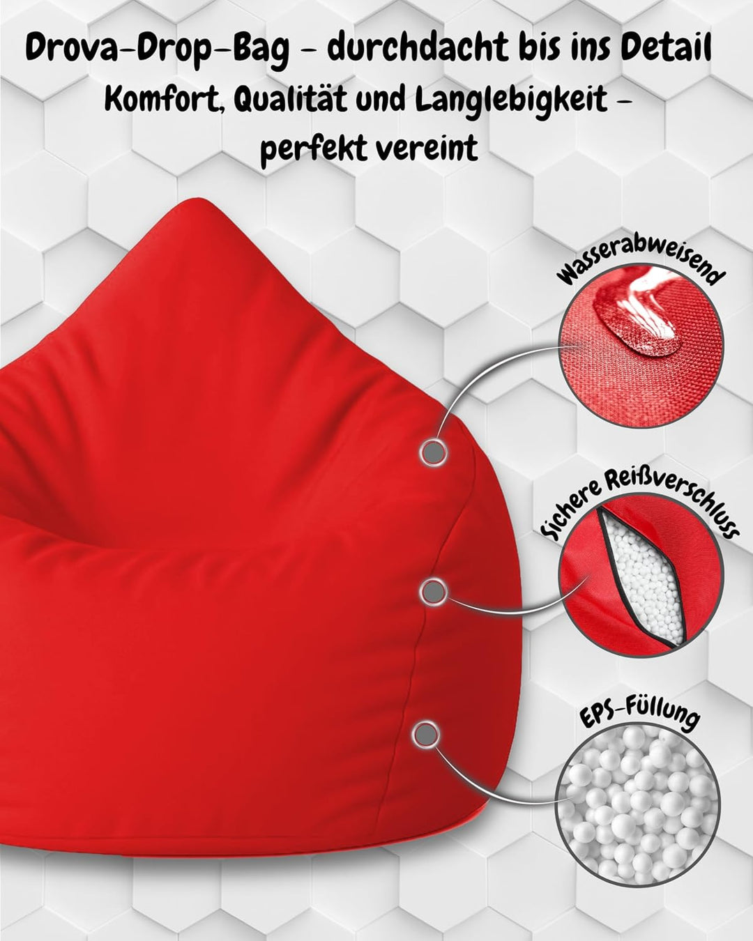 PATCH HOME Patchhome Sitzsack Tropfenform mit Reissverschluss Nachfüllbar - für In &amp; Outdoor - mit S