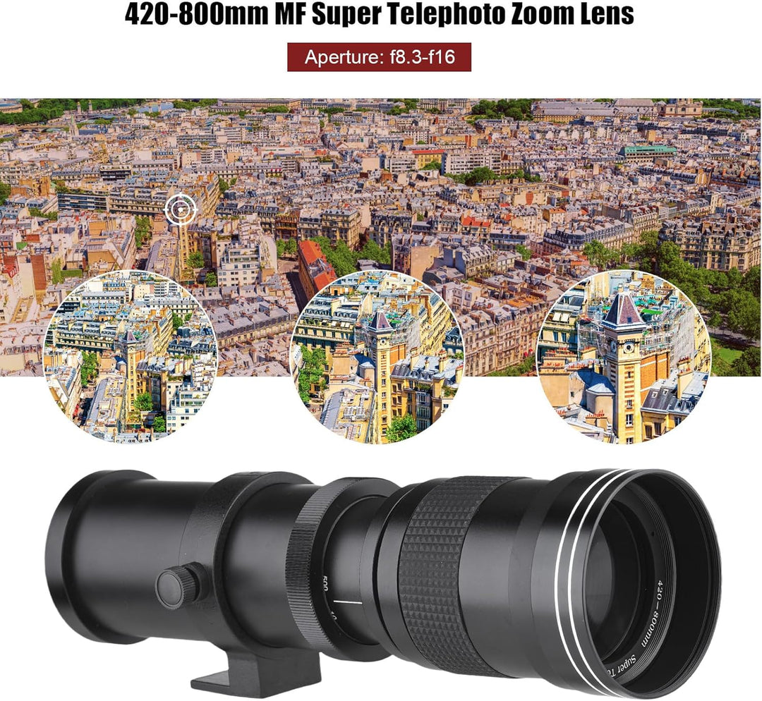 Andoer Kamera-MF-Supertelezoomobjektiv F/8.3-16 420–800 mm T-Mount Universal-1/4-Gewinde Ersatz-Voll
