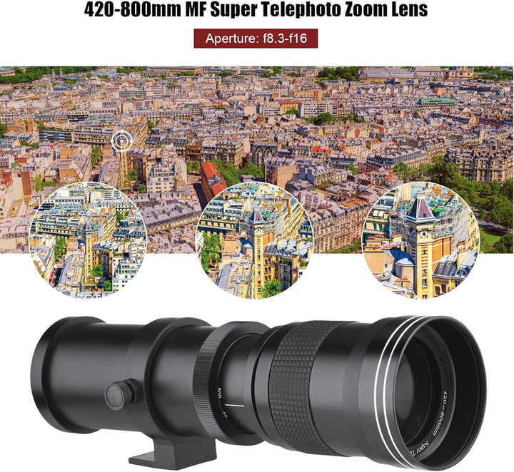 Andoer Kamera-MF-Supertelezoomobjektiv F/8.3-16 420–800 mm T-Mount Universal-1/4-Gewinde Ersatz-Voll