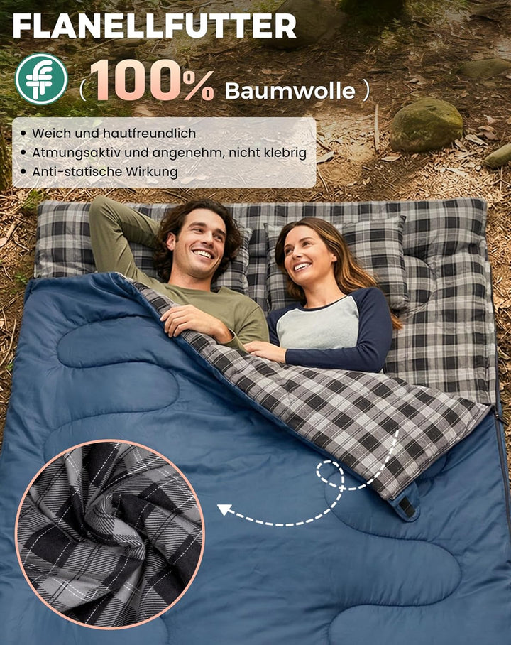 KingCamp Doppelschlafsack Baumwolle Flanell Winter Schlafsack 2 Personen Warmer Deckenschlafsack 3-4