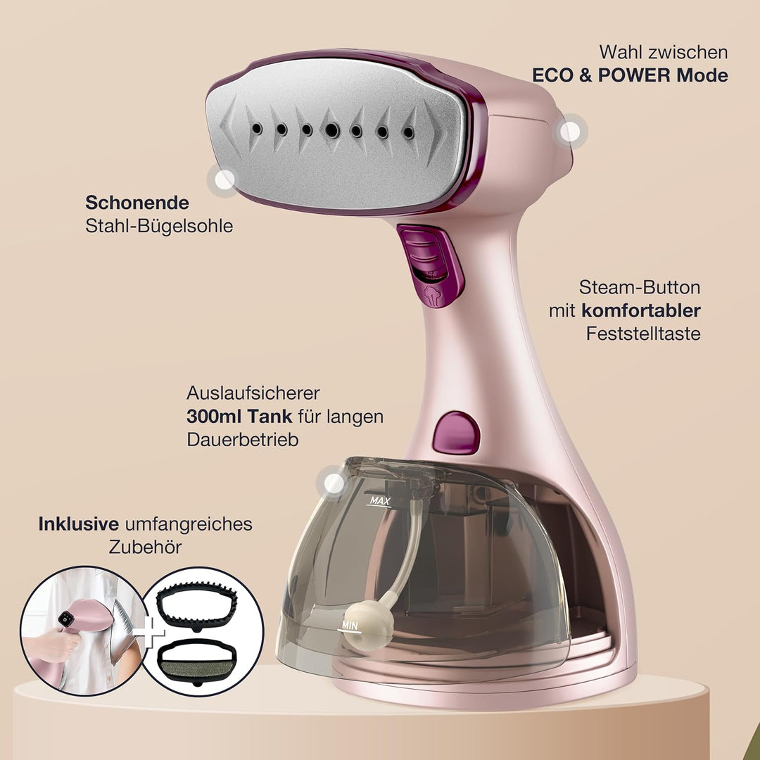 LEBENLANG Steamer Dampfglätter TESTSIEGER - 1500W &amp; 300ml inkl. Bügelhandschuh &amp; Aufsätze I Pro Damp