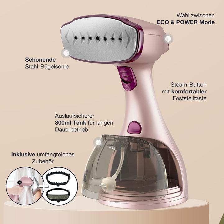 LEBENLANG Steamer Dampfglätter TESTSIEGER - 1500W &amp; 300ml inkl. Bügelhandschuh &amp; Aufsätze I Pro Damp