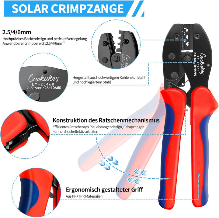 Solar Crimpzange Set für 2.5/4/6mm² Solarpanel PV Kabel, 1x Crimpzange+1x Abisolierzange+10 Paar Sol