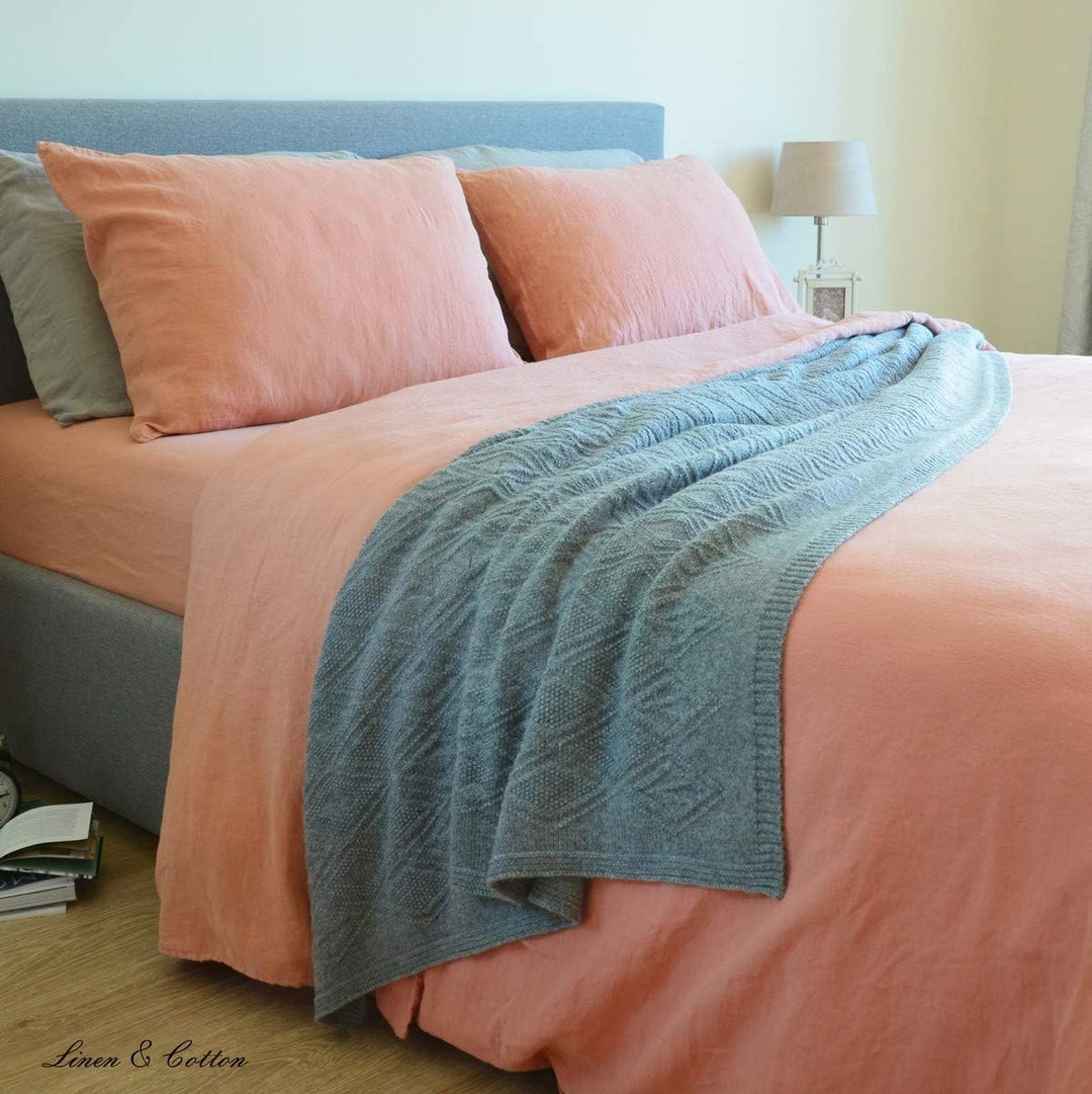 Linen &amp; Cotton Weicher Griff Bettwäsche Set Alicia - 100% Leinen Gewaschen, Coral Rosa (220 x 230 cm