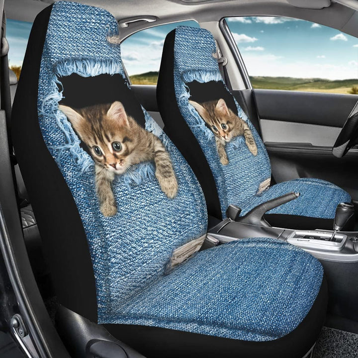 Chaqlin Cute Denim Cat Universal Autositzbezug 2er-Set Front Auto Auto Zubehör Protector Case Bag fü