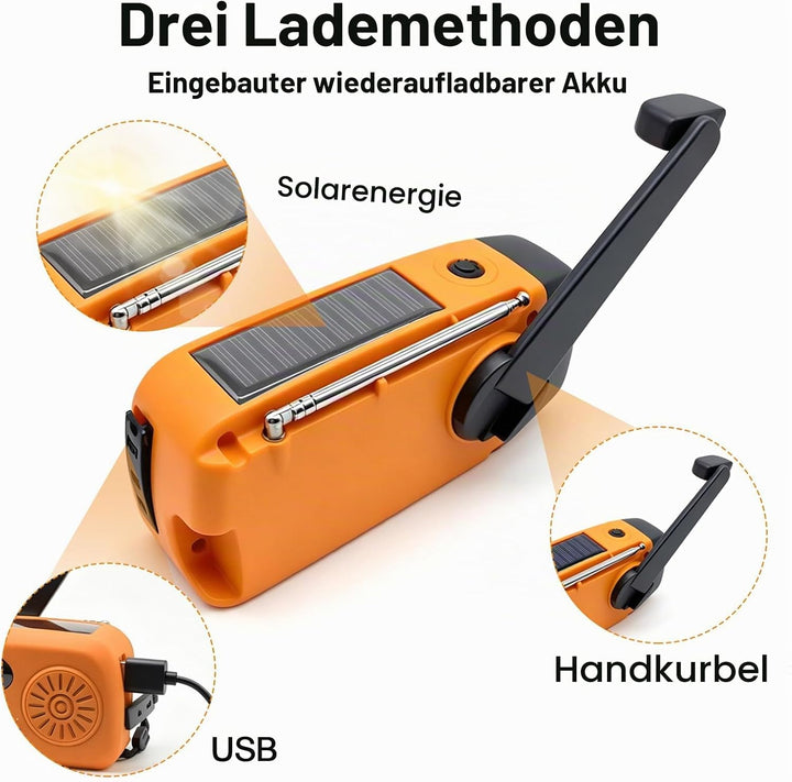 Notfall Kurbel Radio mit Solar 3 leistungsstarken LED Taschenlampe 2000mAh Akku Solar Batterie Power