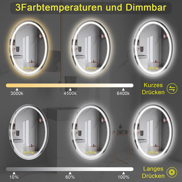 AI-LIGHTING LED Badspiegel mit Beleuchtung Oval 50x70 cm Badezimmerspiegel mit Licht 3 Lichtfarben/B