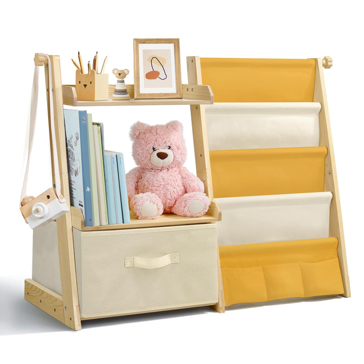 Bücherregal Kinder Kinderzimmer Spielzeug Aufbewahrung - Gelb | 4 Regalebenen &amp; Aufbewahrungsbox, Ki