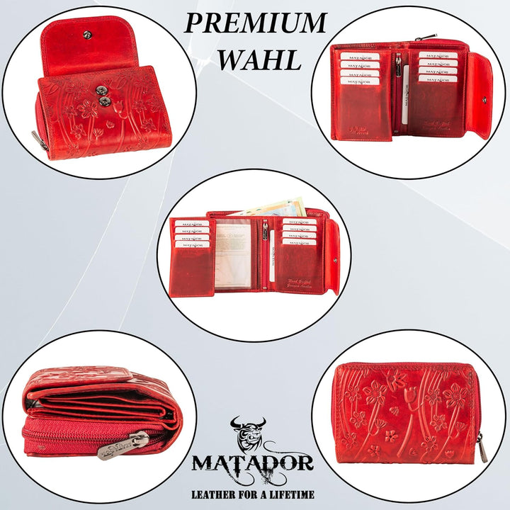 MATADOR Geldbörse Damen Rot Leder #Murcia mit edler Geschenkbox, Elegante Geldbörse Damen Mittelgros
