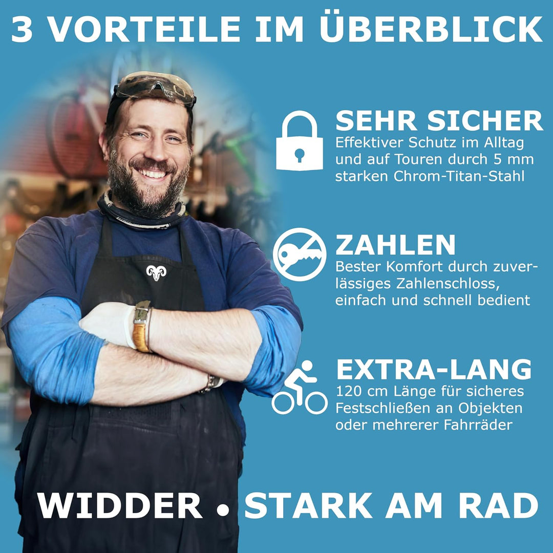 WIDDER 120cm Extrem Sicheres Fahrradschloss Zahlenschloss [Titan-Stahl Level 15] - 120 cm Faltschlos