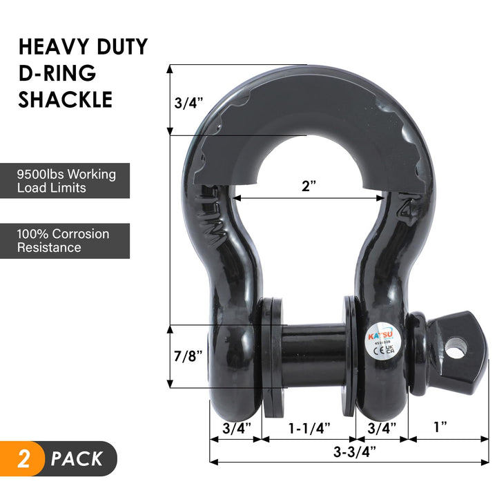 KATSU Tools 2er-Pack 3/4 Zoll D-Ring-Schäkel, 4,75 Tonnen Tragkraft, robuste verzinkte Abschleppschä