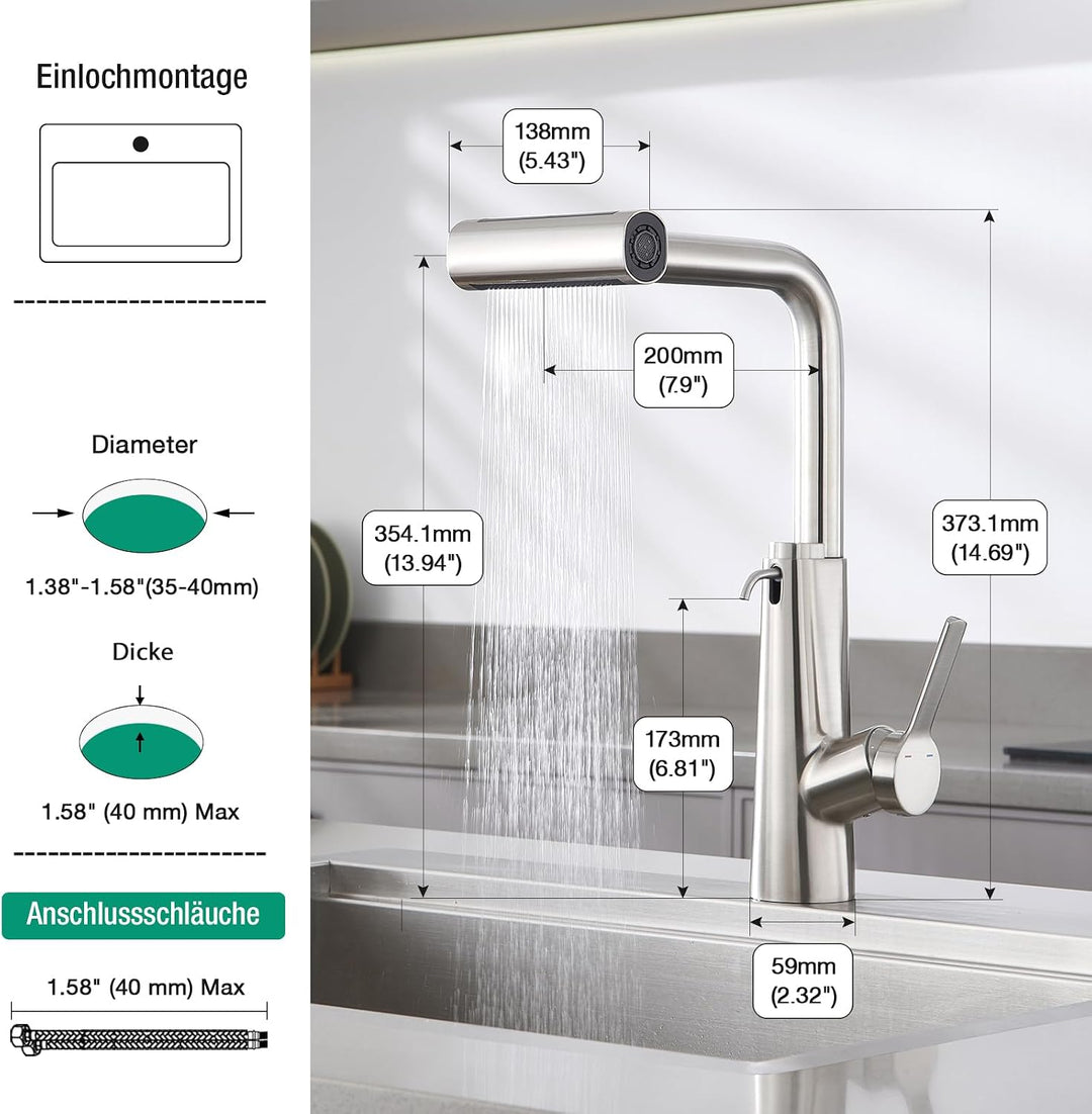 CREA Wasserfall Wasserhahn Küche Ausziehbar,Mischbatterie Edelstahl Küche mit Seifenspender,360° Dre