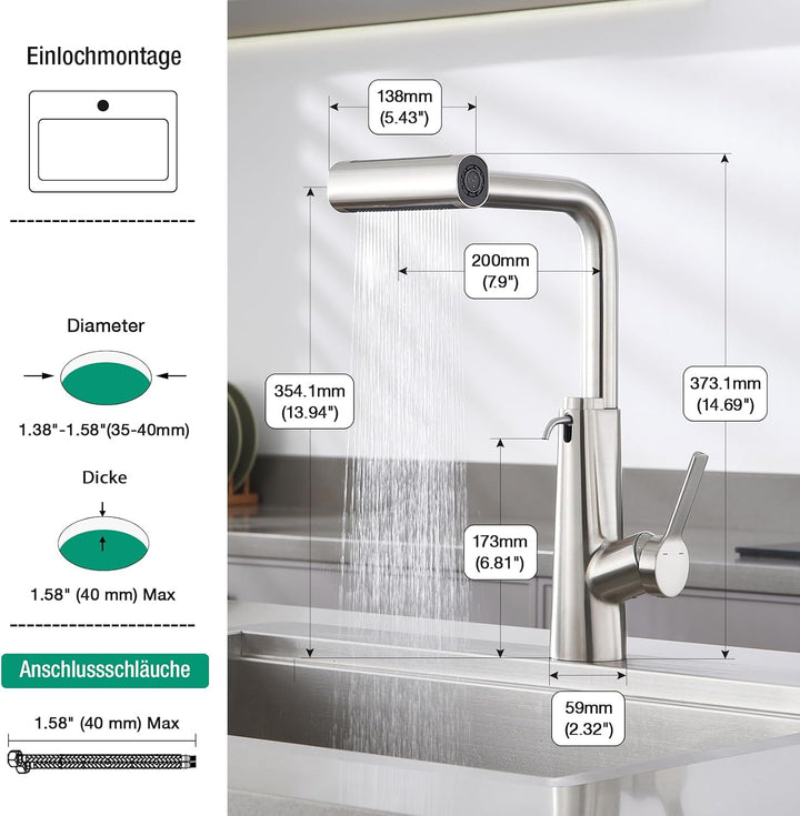 CREA Wasserfall Wasserhahn Küche Ausziehbar,Mischbatterie Edelstahl Küche mit Seifenspender,360° Dre