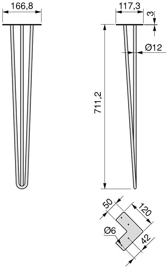 Emuca - Set aus 4 Set aus Vier Hairpin 3-Stangentischbeinen, Höhe 710 mm, schwarz lackiert, Stahl 12