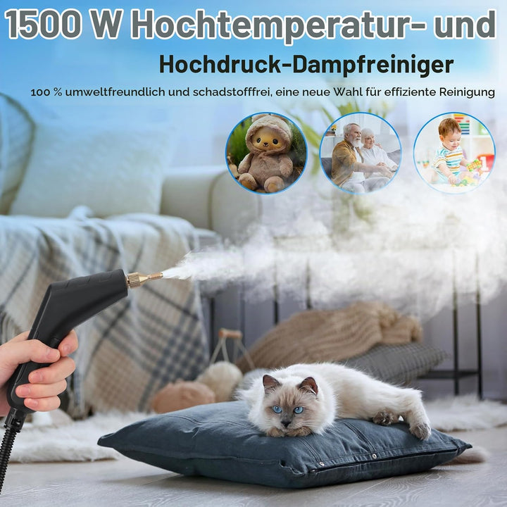 Handdampfreiniger 7-in-1, 1500W | 1,2L Wassertank für Küche &amp; Bad | Hochdruck-Dampfgarer (3BAR) gege